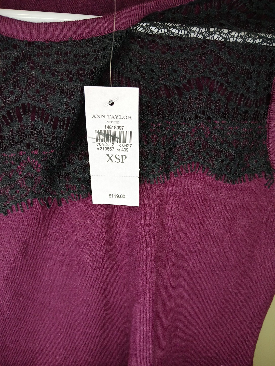 Ann Taylor Extra Small Petite Lightweight Knit Maroon Black Lace Dress NWT Knee