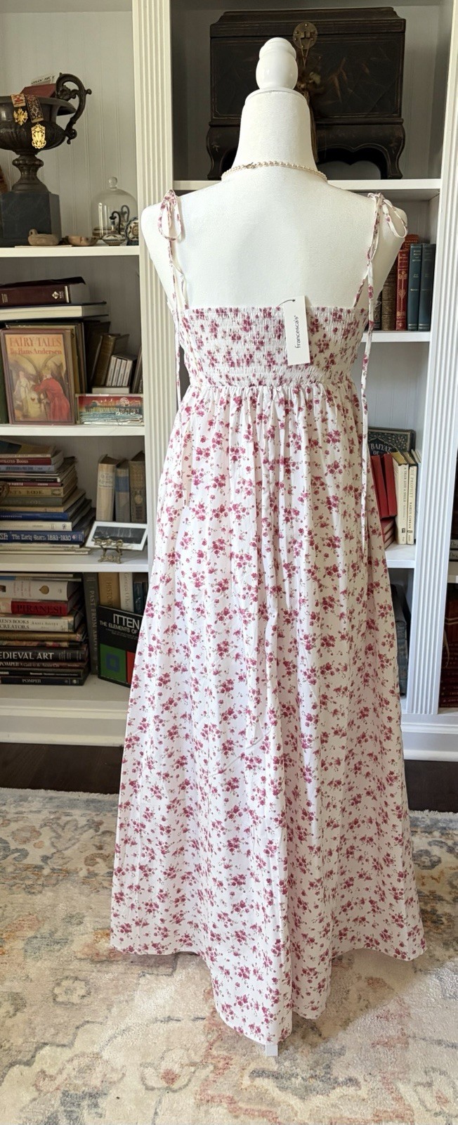 francesca’s Ivory/Pink Floral Maxi Dress Smocked Square Neck Tie Straps S