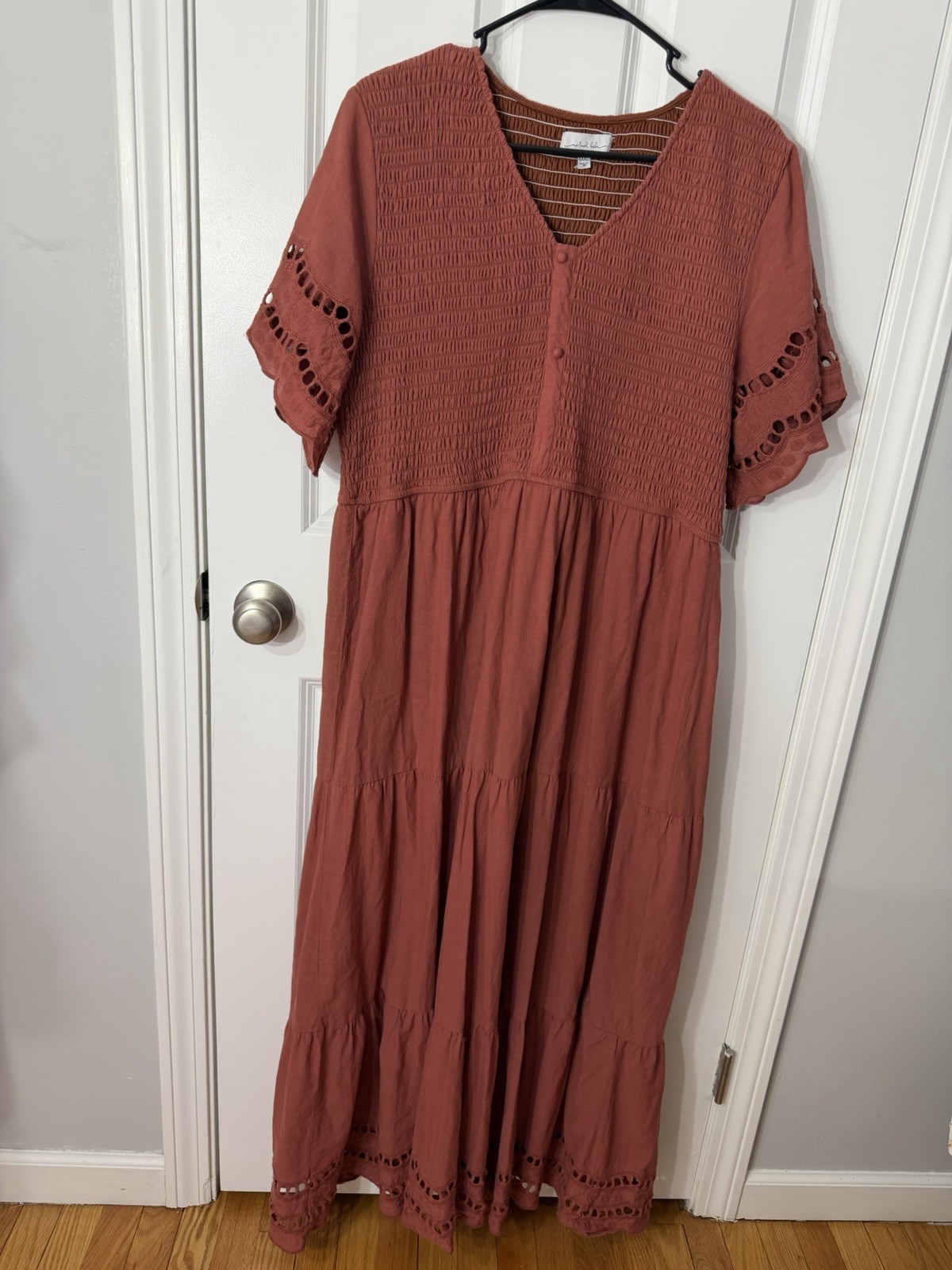 Orange Rust Boho Cottagecore Maxi Dress XXXL Embroidered Eyelet Tiered Prairie