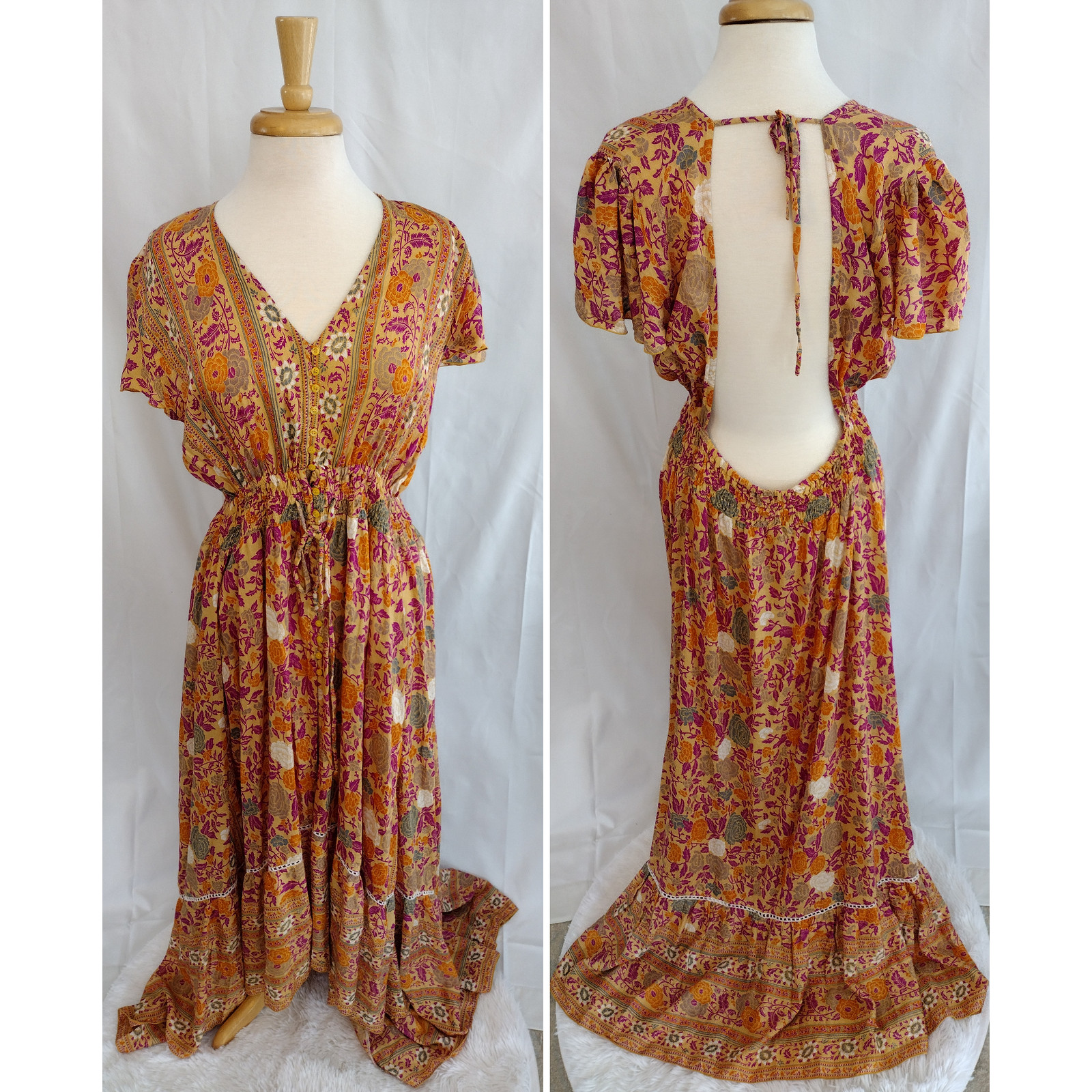 Aura The Label Backless High Split-Front Flutter Sleeve Floral Maxi Dress XL NWT