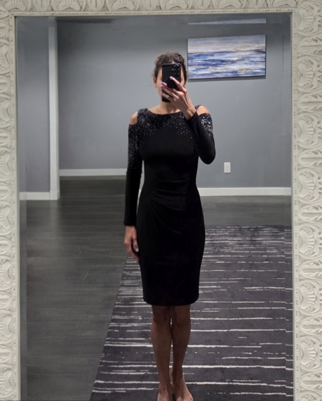 CACHÉ Vintage 2013 Black Cold Shoulder Long Sleeve Sparkle Rhinestone Midi Dress