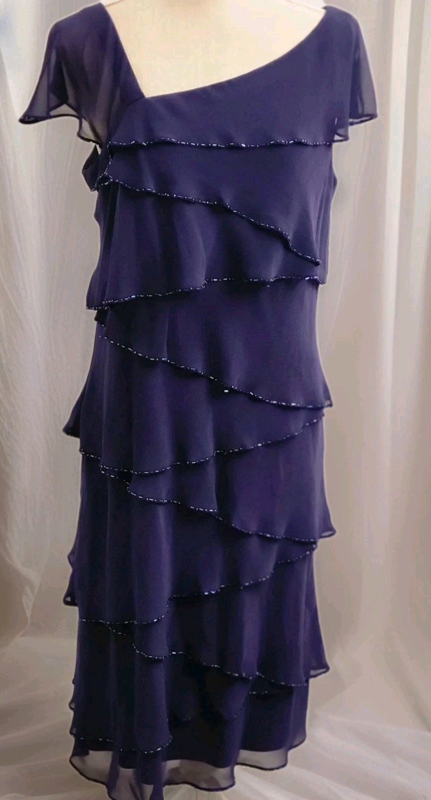 Dress Cocktail Sz 14 Patra Beaded Tiered Cape Sleeve Deep Purple Sexy Holiday EC