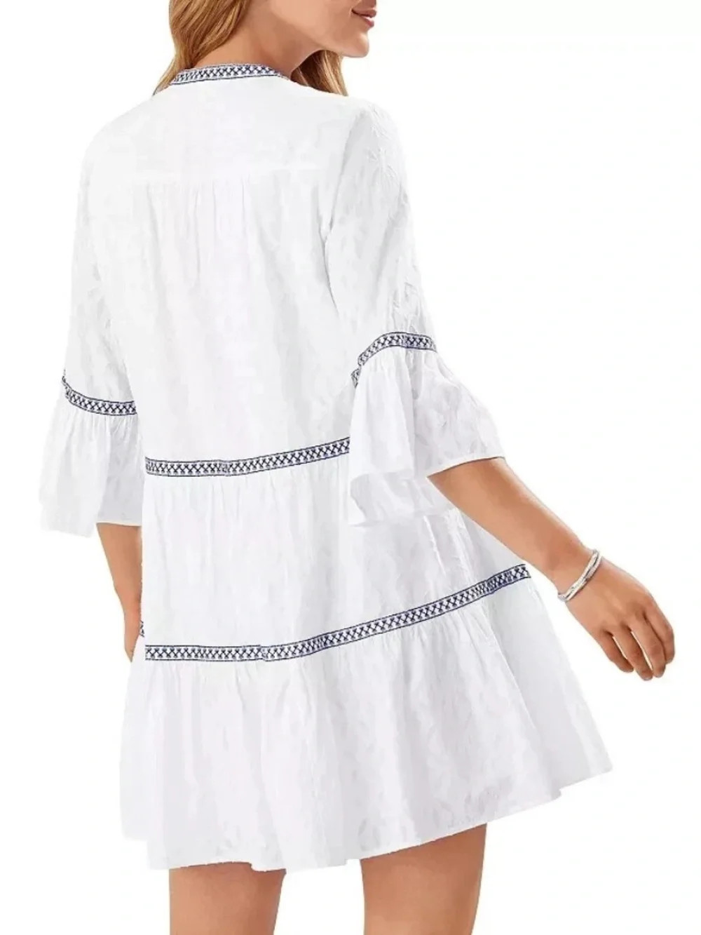 NEW Tommy Bahama Embroidered Tiered Cotton Dress White Jacquard Tasssels Lined L