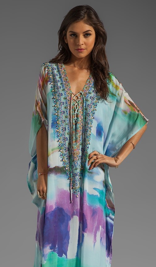 Camilla Long Lace Up Kaftan in Craving A Patch of Green 100% Silk One Size