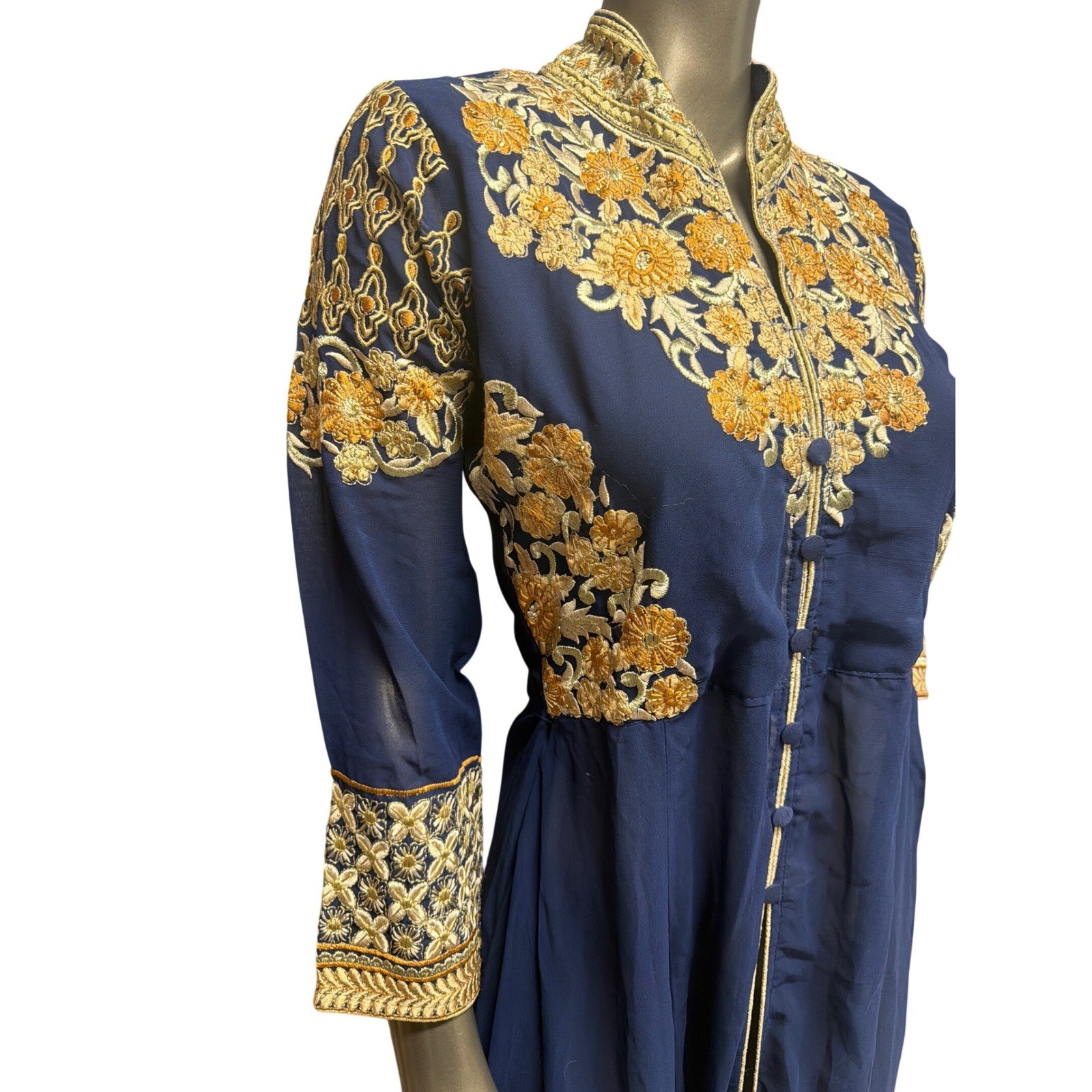 Navy Blue Gold Floral Embroidered Maxi Gown Mandarin Collar Side Zip Long Sleeve