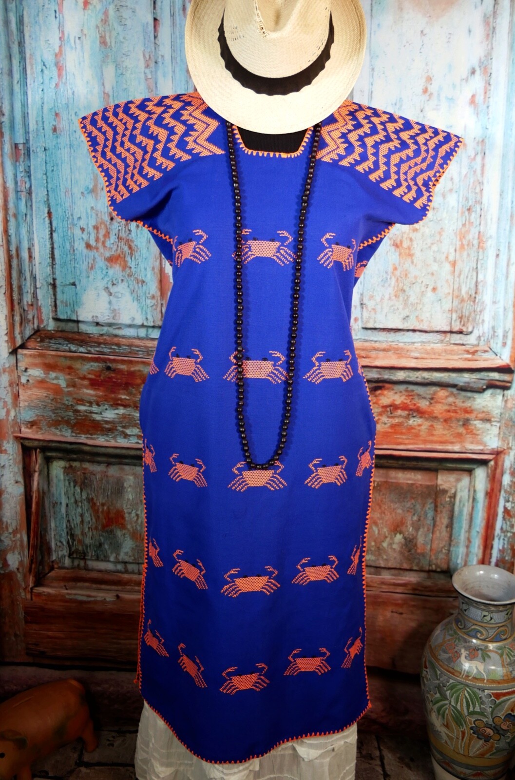 M/L Huipil Kaftan Handwoven Blue & Orange Crabs San Juan Colorado Oaxaca Mexico