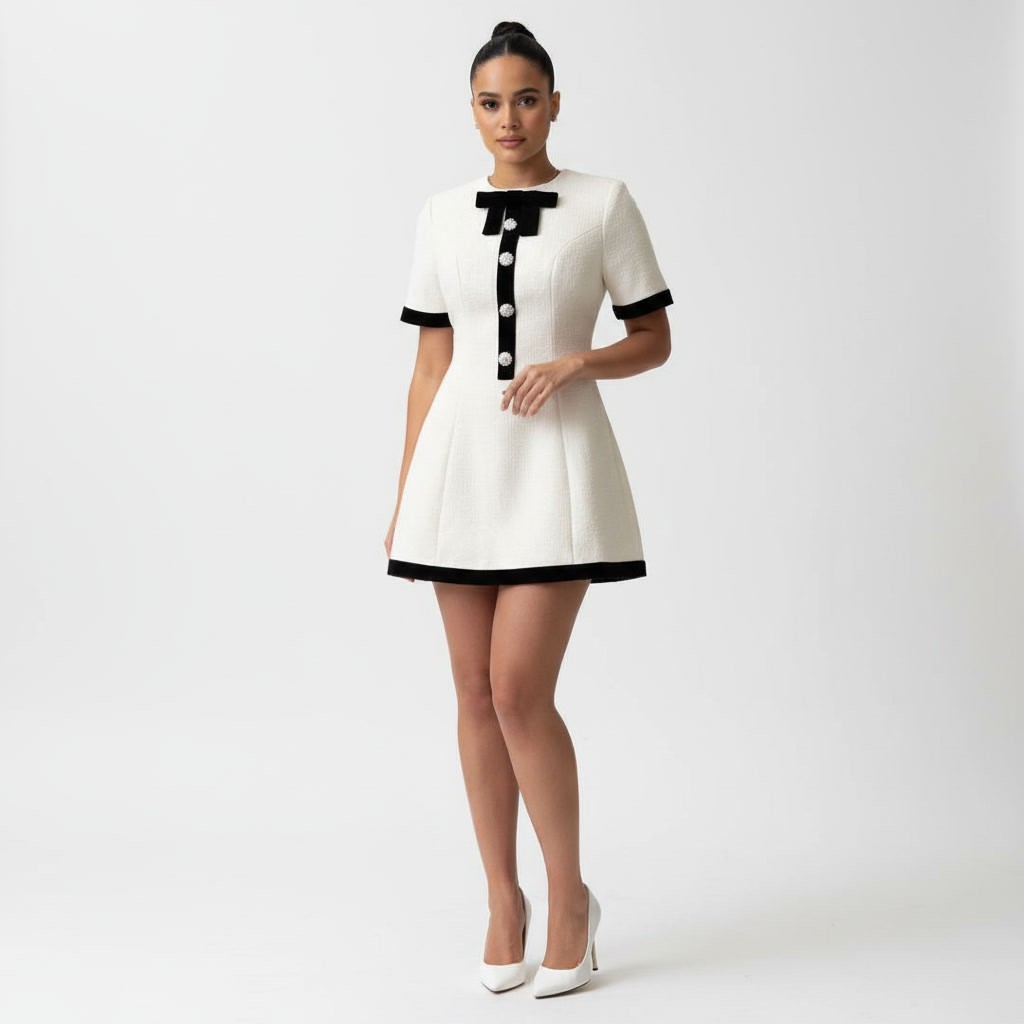 Luxury Designer Paris Style Mini Dress White Black Bow Elegant Parisian Look New