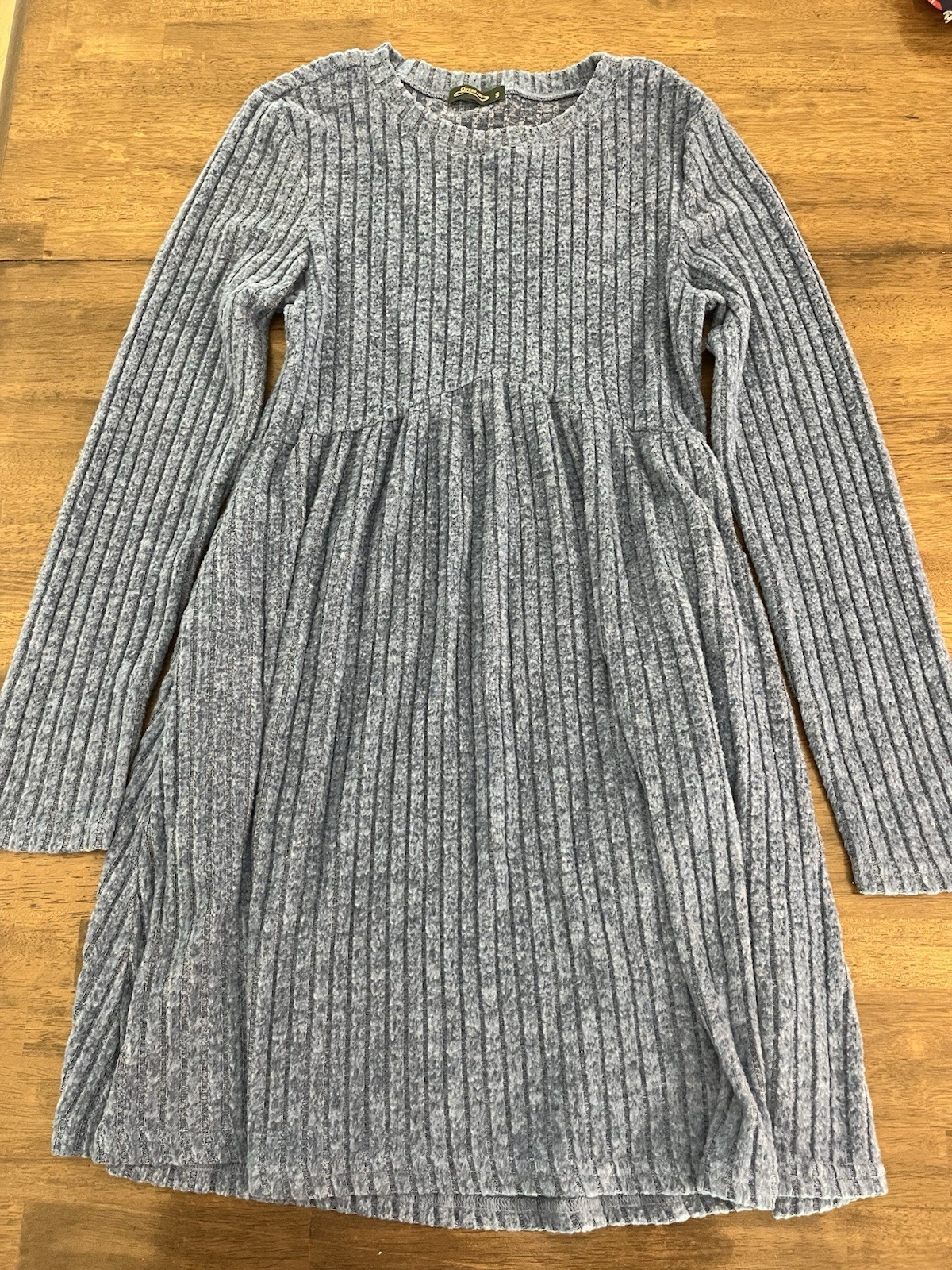Long Sleeve Ribbed Knit Dress Blue A-Line Round Neckline Sweater Dress Small