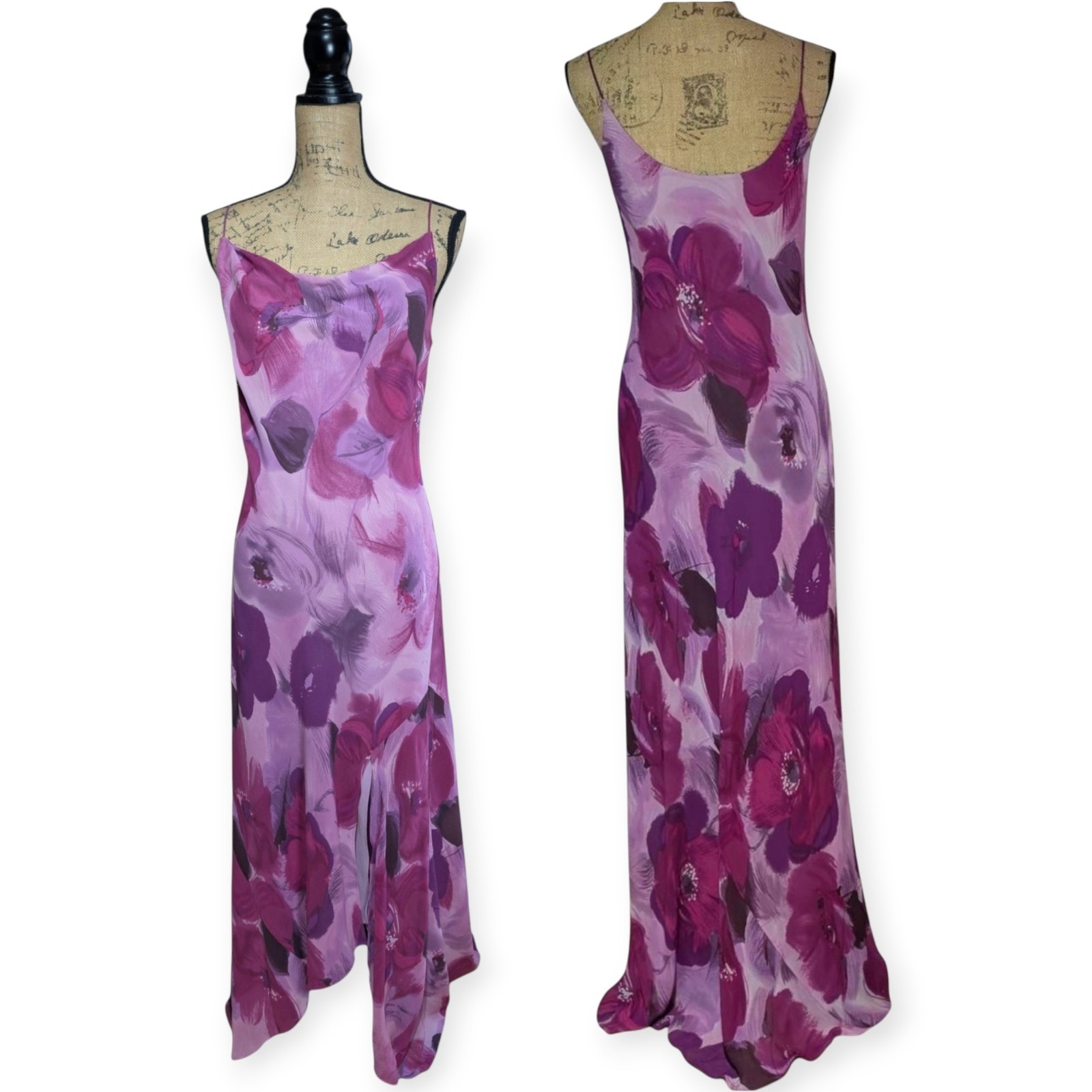 Vintage 90s Monsoon Long Bias Cut Water Colour Floral Slip Dress UK 14 (US 10)