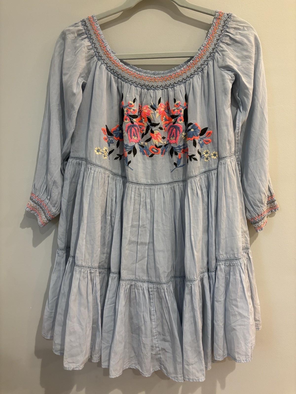 Free People Womens Light Blue Embroidered Sunbeams Off The Shoulder Mini Dress S