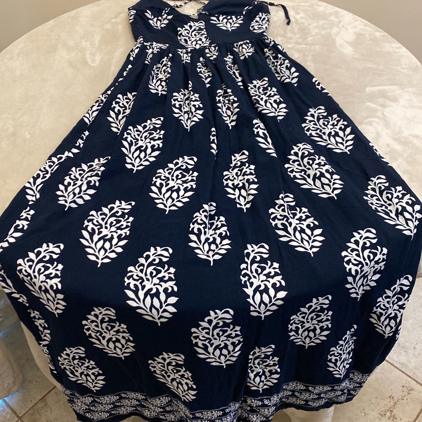Miss Avenue Womens Navy Blue Leaf Print Split Neck Side Slit Maxi Dress Size S