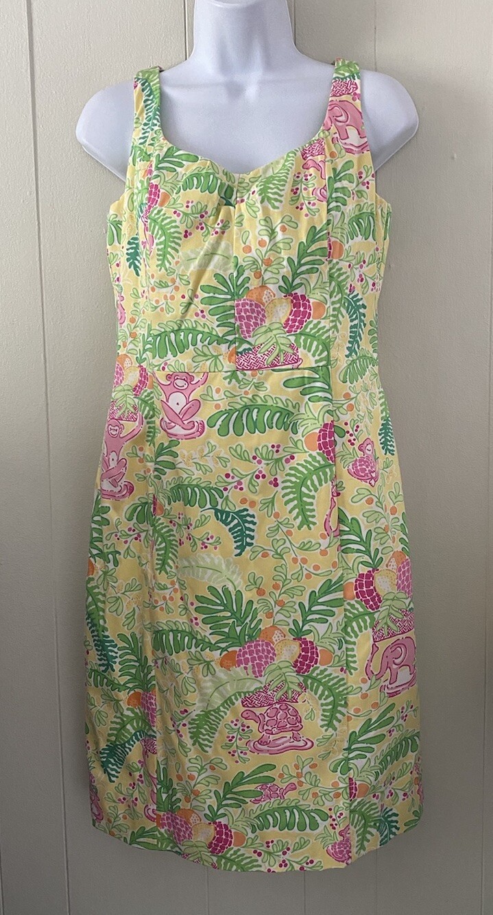 Lilly Pulitzer Miranda Monkey Lemon Sorbet Sheath Dress Sz 4 Jungle Animals EUC