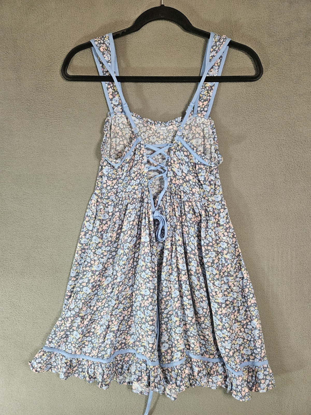 American Eagle Small Mini Dress Blue Floral Cottagecore Back Lace-Up Sweetheart