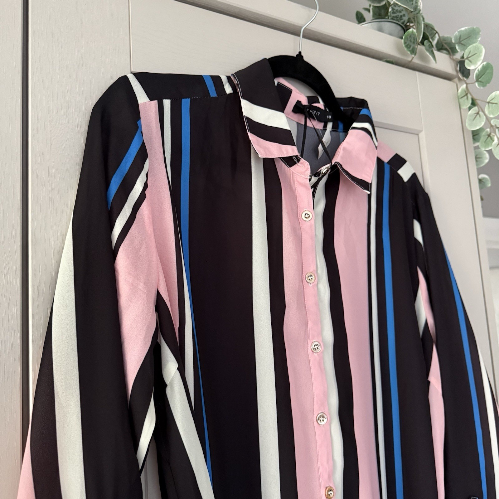Exhibit Black Pink Blue Striped Shirt Dress UK 16 BNWT Tie Belt Roll Tab Sleeves