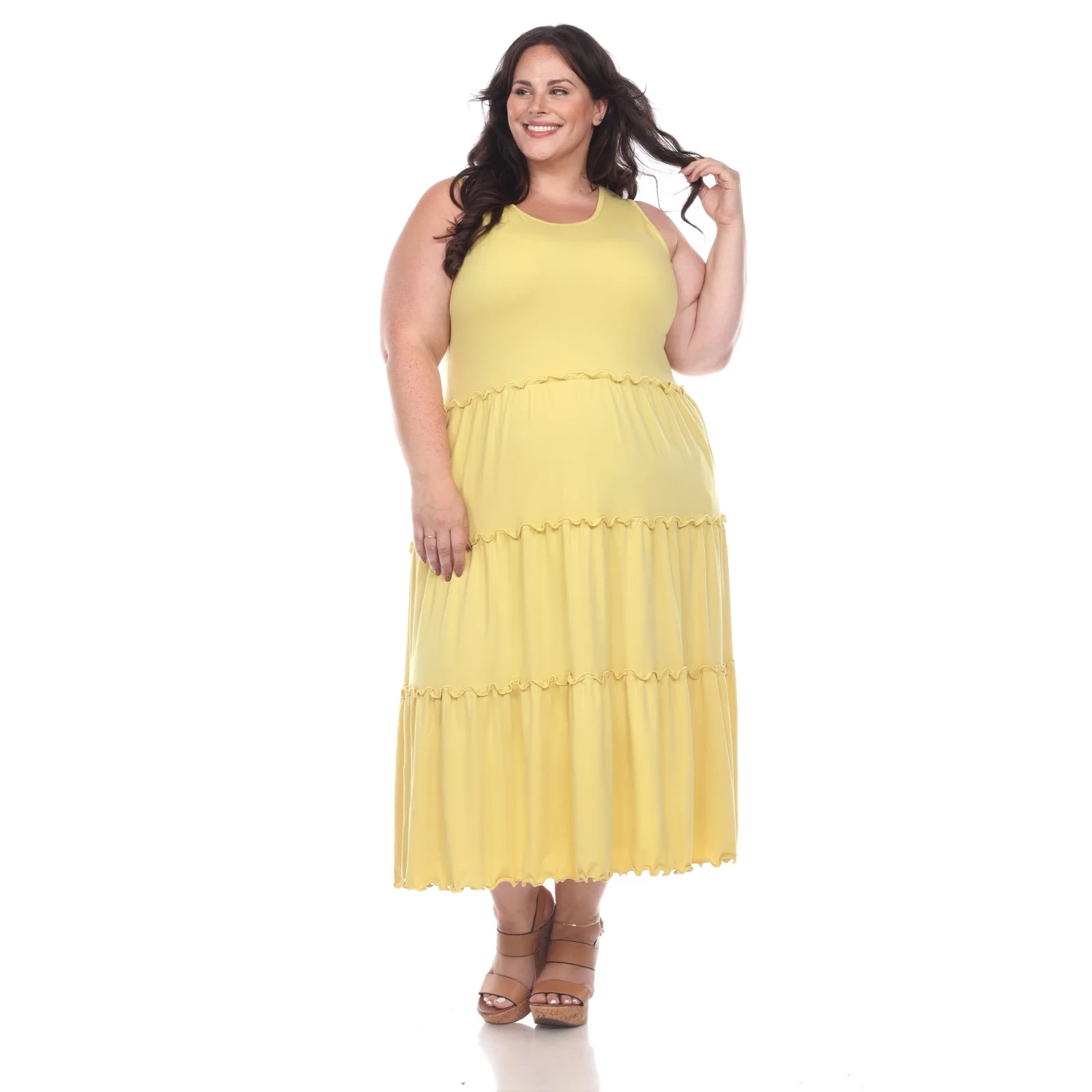 White Mark Women’s Plus Size Scoop Neck Tiered Midi Dress Yellow Size 3XL 3309