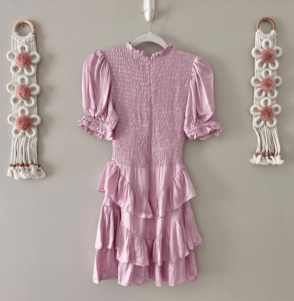 Olivaceous Smocked Tiered Ruffle Mini Dress Satin Pink Size Small NEW