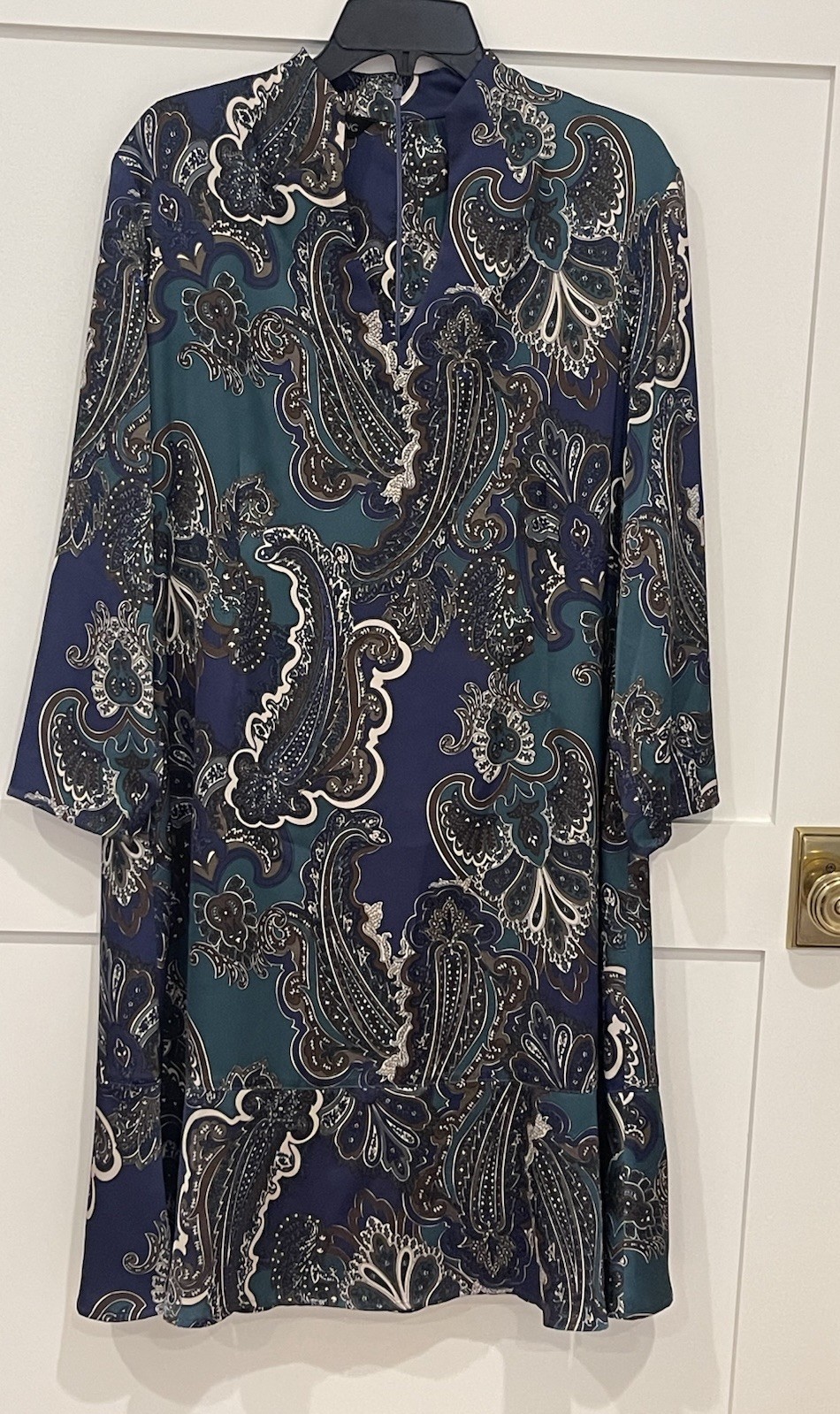 Ming Wang Paisley Crepe de Chine Shift Dress Blue Green 3/4 Sleeve Sz Large