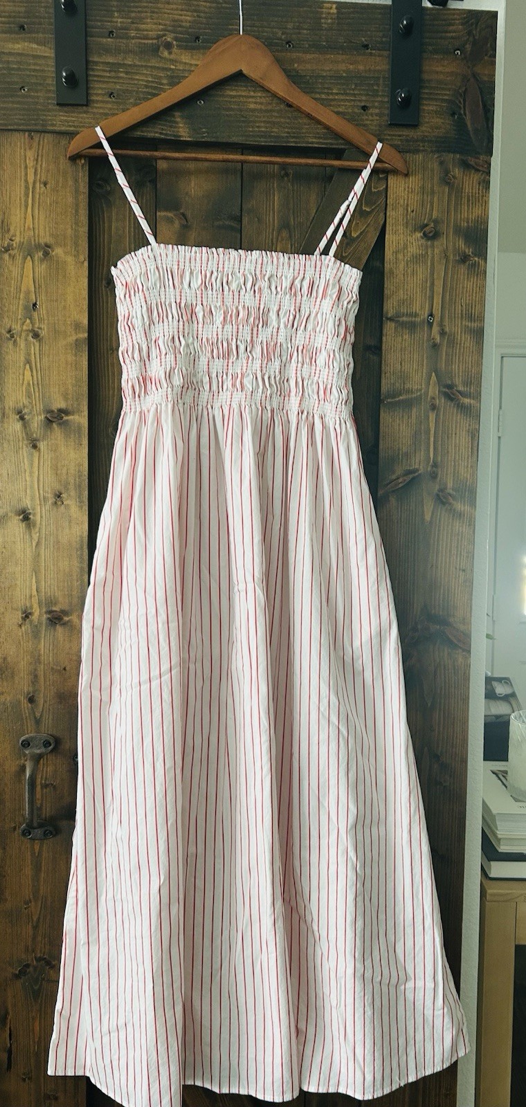 Pistola Smocked Midi Sleeveless Dress Red Coastal White Striped M with pockets!
