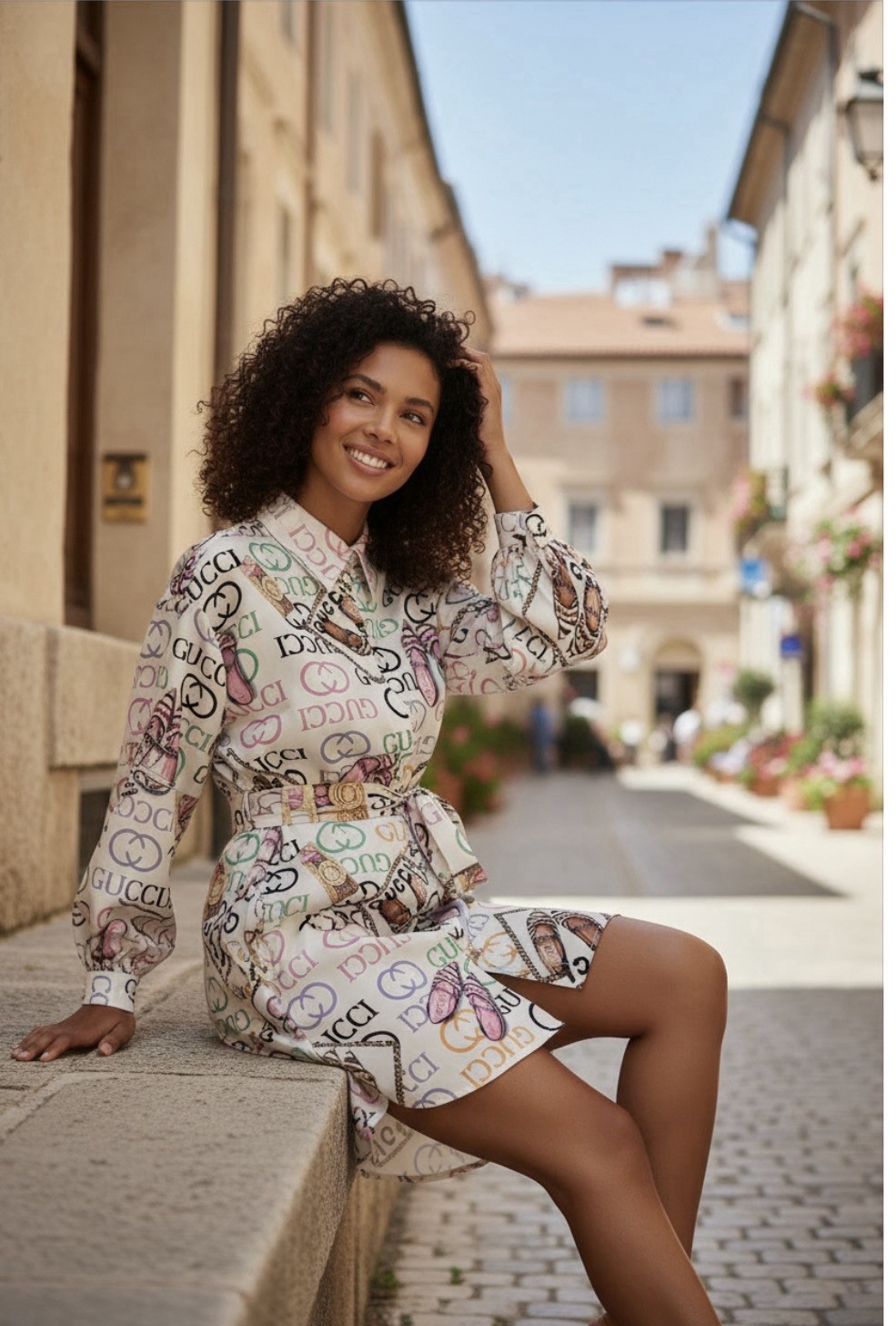 Multicolor Shirt Dress Graphic Print Collared Long Sleeve Belted Women’s L