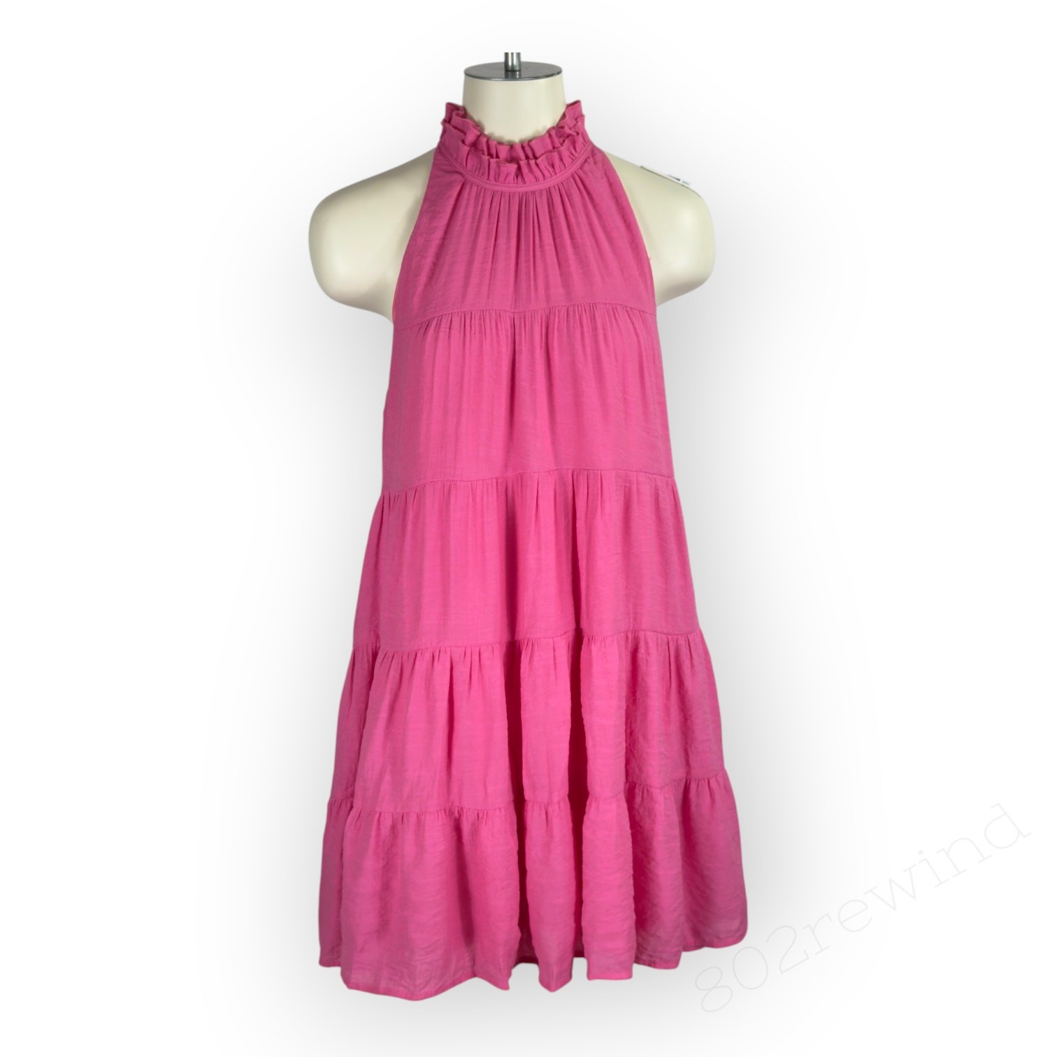 Entro Mini Dress Hot Pink Tiered Halter High-Neck Tie-Back Trapeze Sleeveless Lg