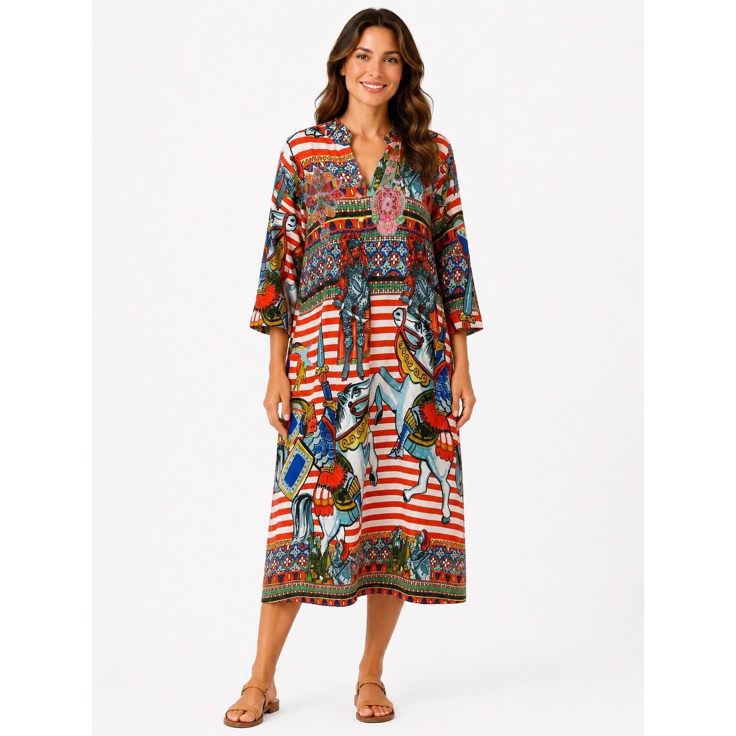 Antica Sartoria Dress Womens L Red White Striped Knight Horse Beaded Maxi