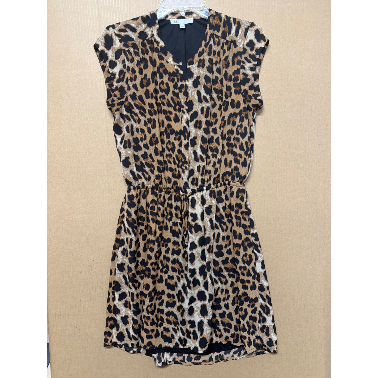 DR2 Leopard Print Cap Sleeve Mini Dress Tan Brown Black Small Split Neck