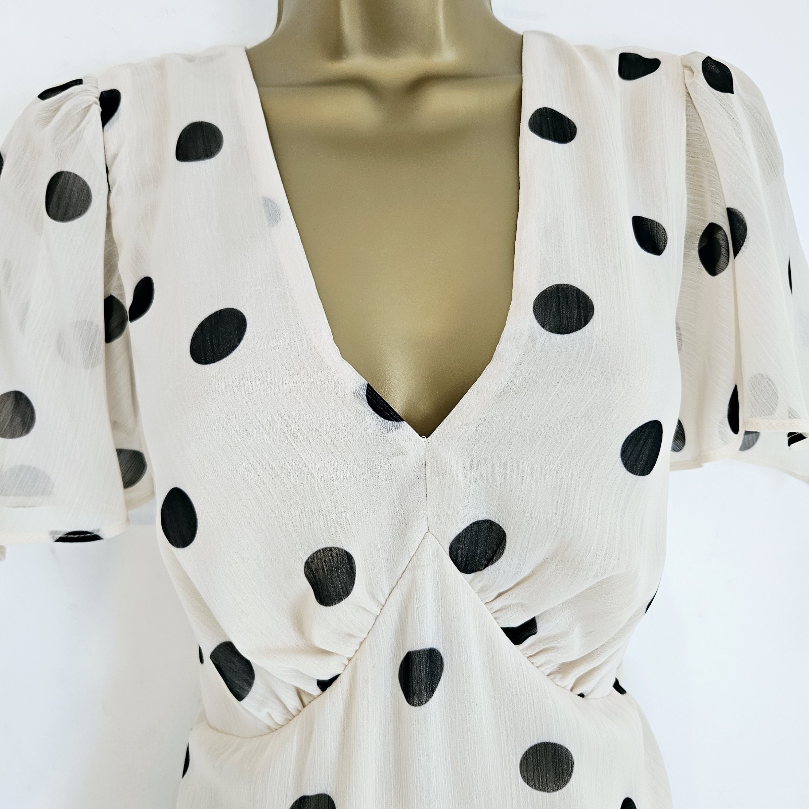 NEW ROMAN 12-24 Polka Dot Spotted Chiffon Beige Black Asymmetric Midi Tea Dress