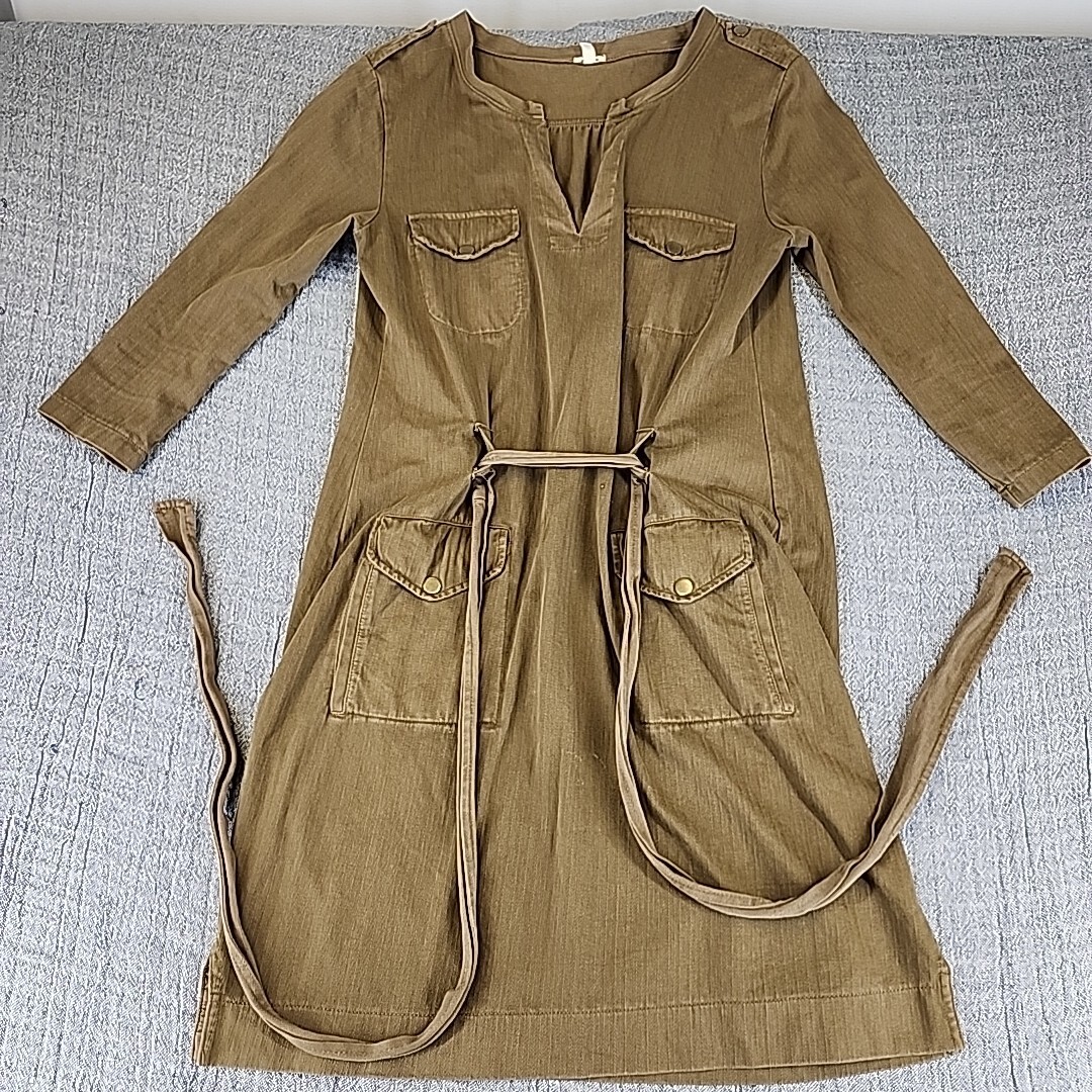 J Crew Khaki Green Small Military Army Dress Buttons Pockets Belt 100% Cotton