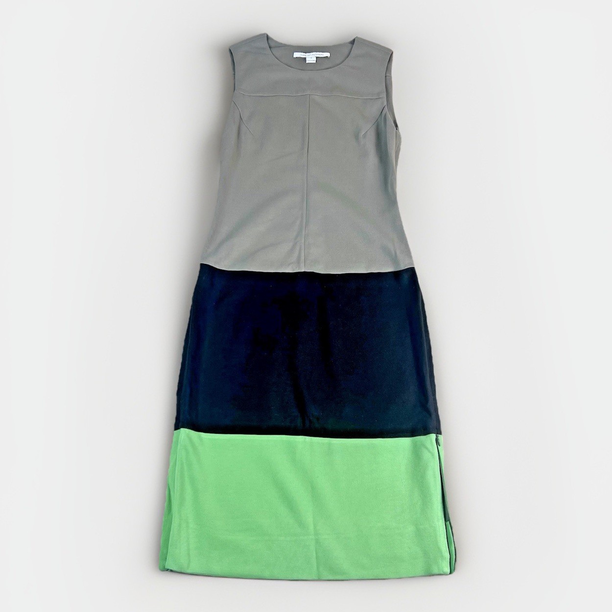 DVF Diane von Furstenberg Gray Blue Green Colorblock Sheath Dress 8 Bodycon Zip