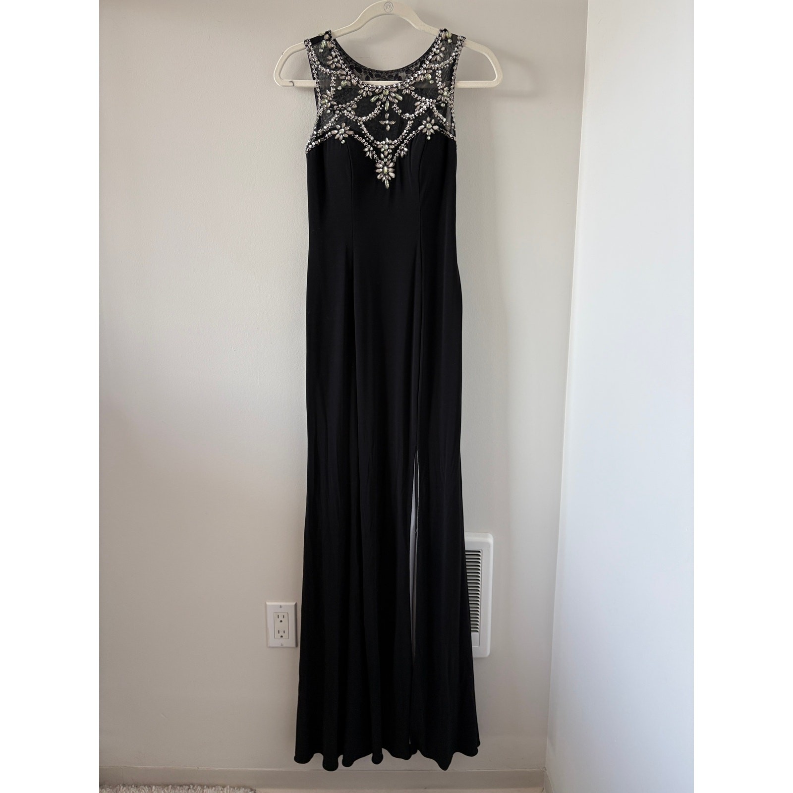 Rhinestone Beads Sequin Evening Gown Sz 2 Whimsigoth Black Tie Illusion Neckline