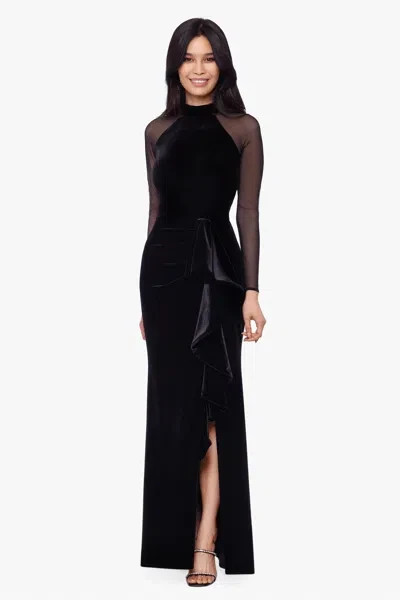 Betsy & Adam Black Velvet Mesh Illusion Sleeve Gown Dress Size 12P $249