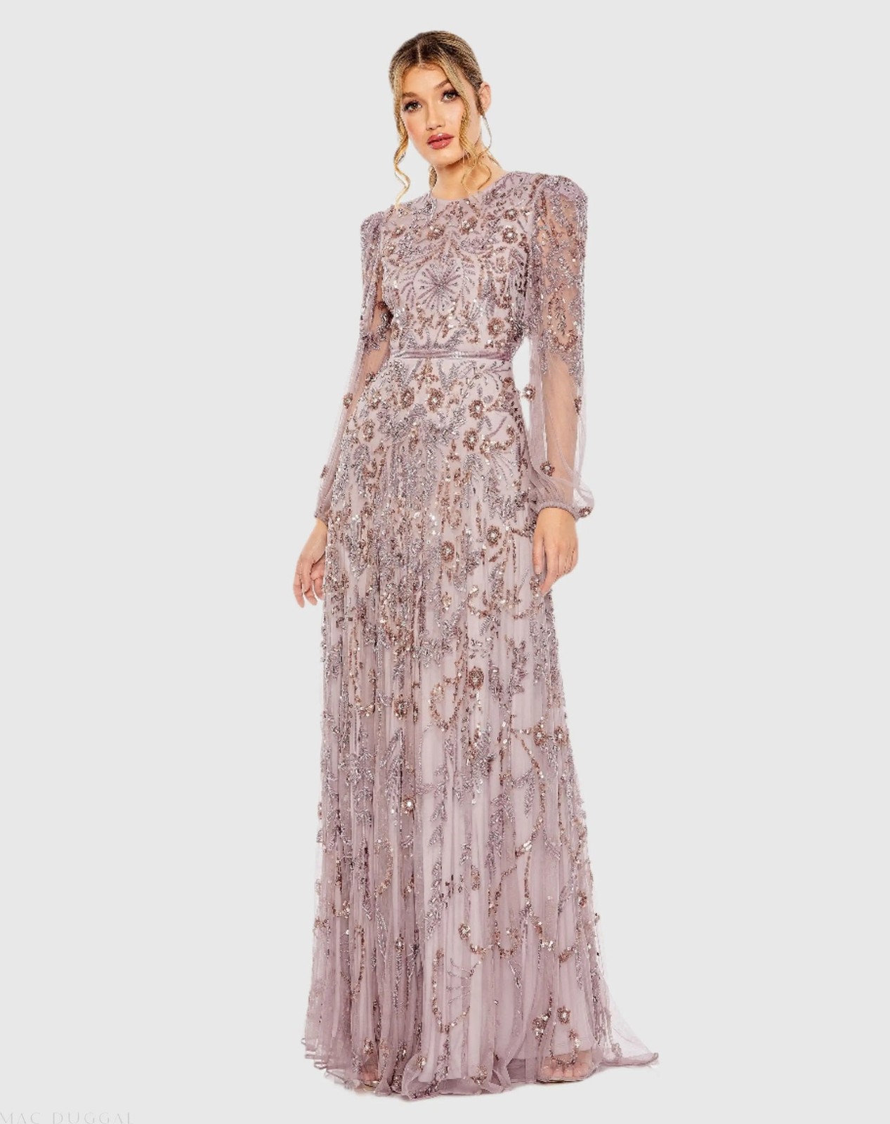 Mac Duggal 93930 Heather Puff Sleeve Embellished A Line Gown Sz 14 NEW