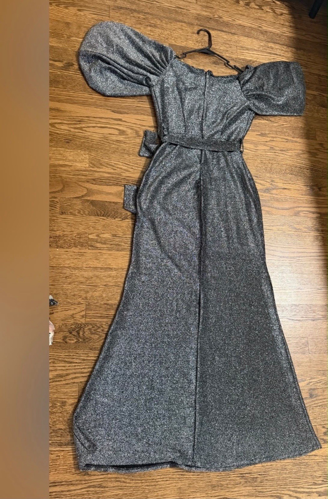 Sharara Silver Black Glitter Pearl Puff Sleeve Square Neck Maxi Dress Zip 14