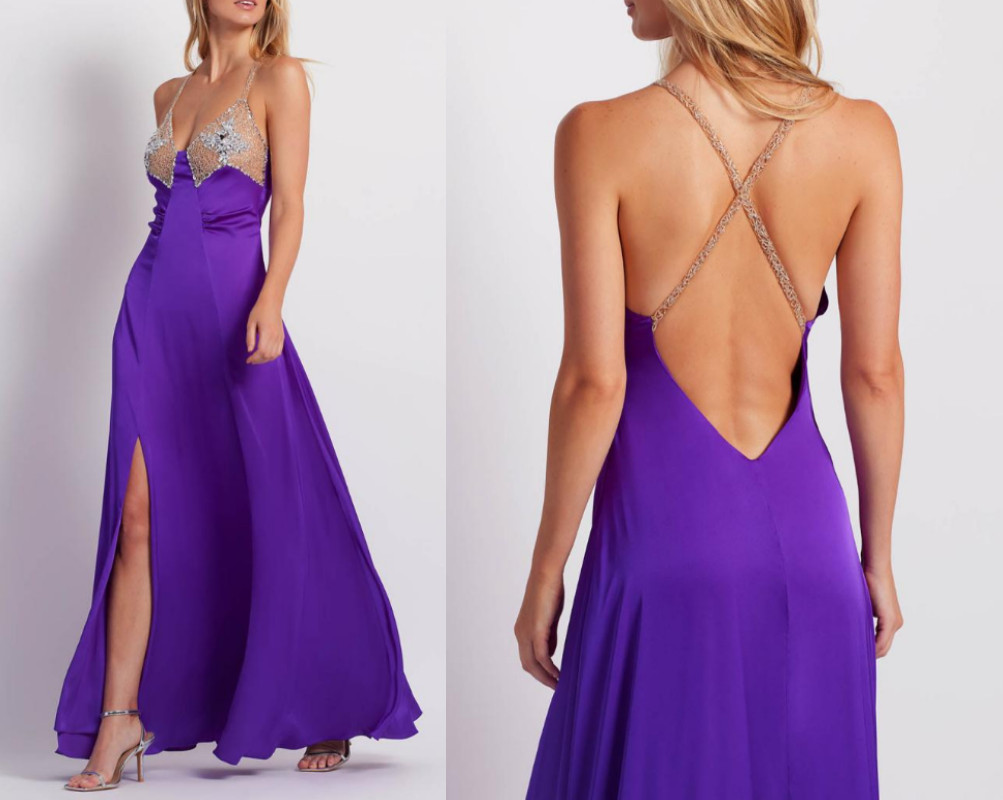 PatBO crystal-beaded side-high-slit open-back black satin gown sz 10 $995