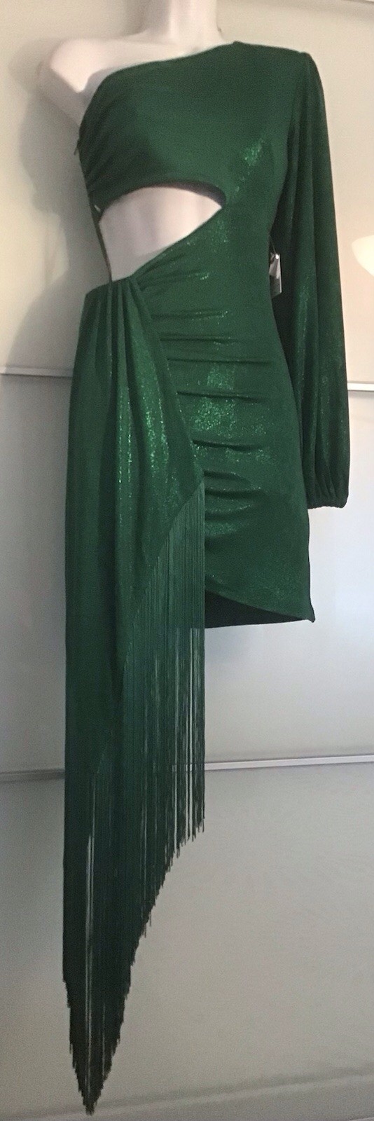 NADINE MERABI ONE SHOULDER MINI DRESS WITH FRINGE DITAIL NIKKI GREEN DRESS S/M