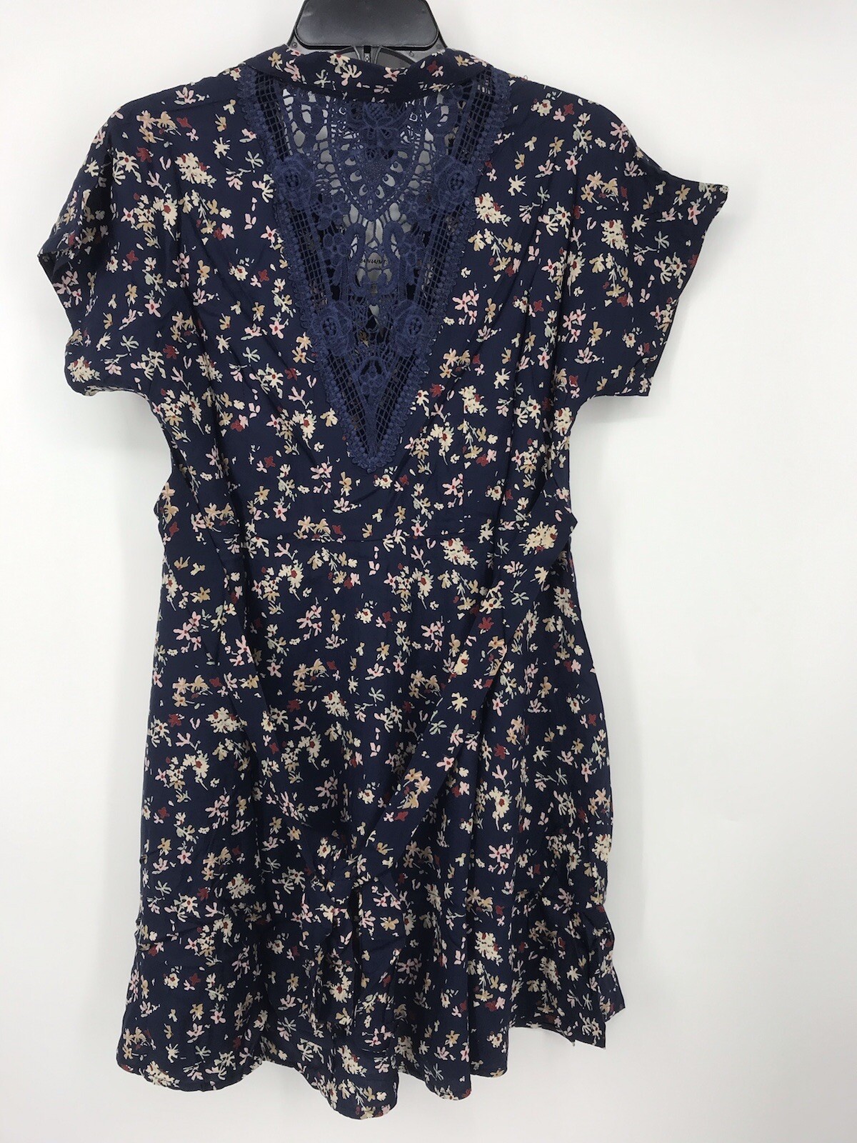 Angie Size Large L Short Sleeve Button Down Tie Belt Dress Blue Floral NWT BOHO