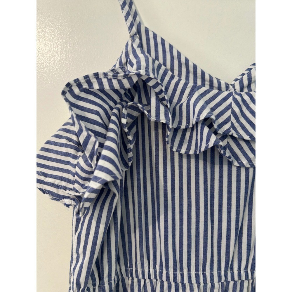 Blue White Striped Ruffle Cold Shoulder Midi Dress with Pockets and Belt
