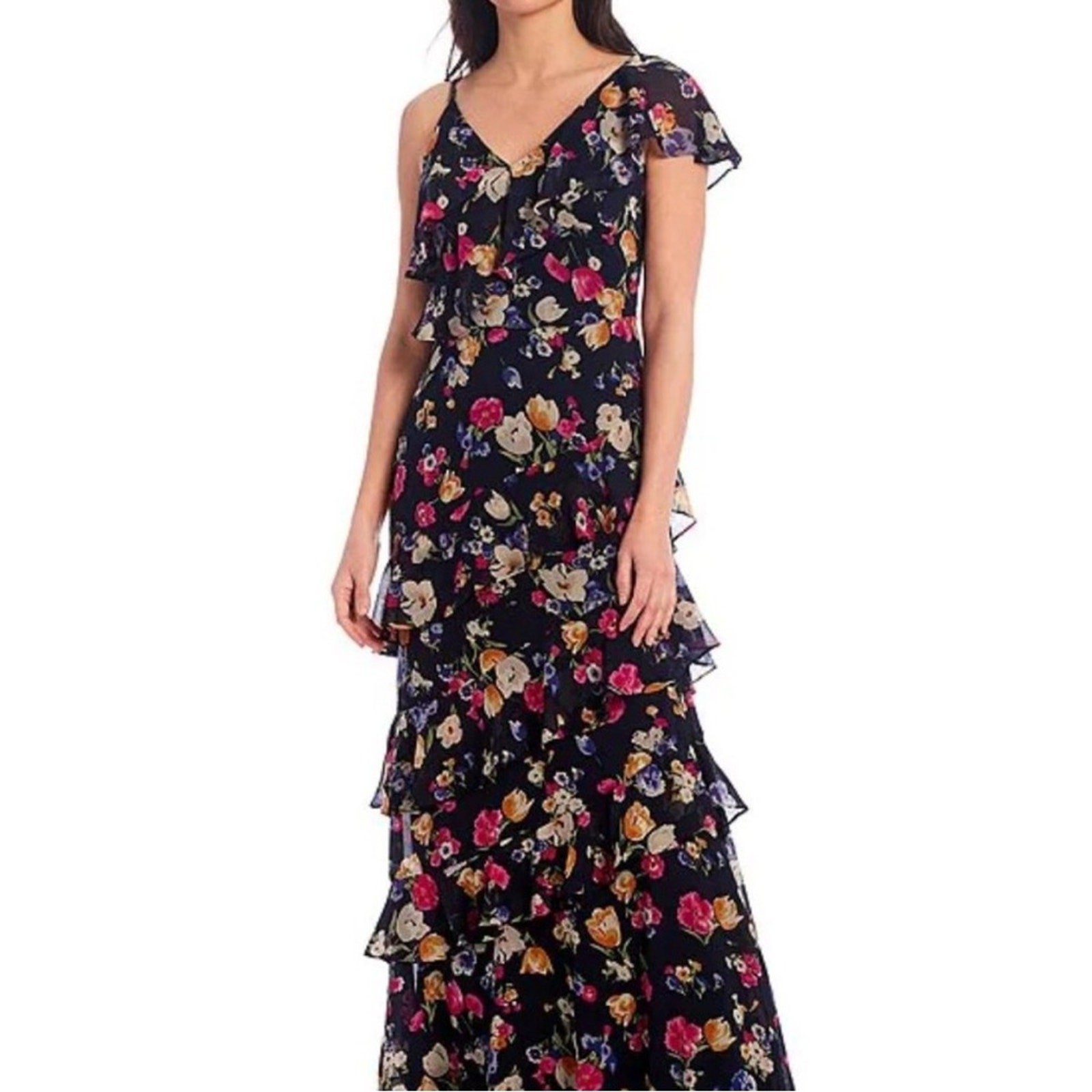 Lauren Ralph Lauren Floral Crinkled Georgette Maxi Dress Blue Tiered Ruffle Sz 6