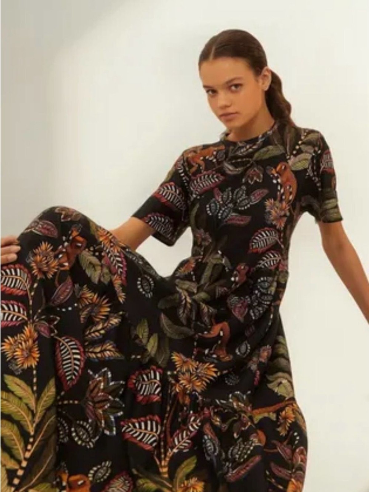 Farm Rio Jungle Animal Print Tiered Midi Dress Boho Vacation Resort P Small
