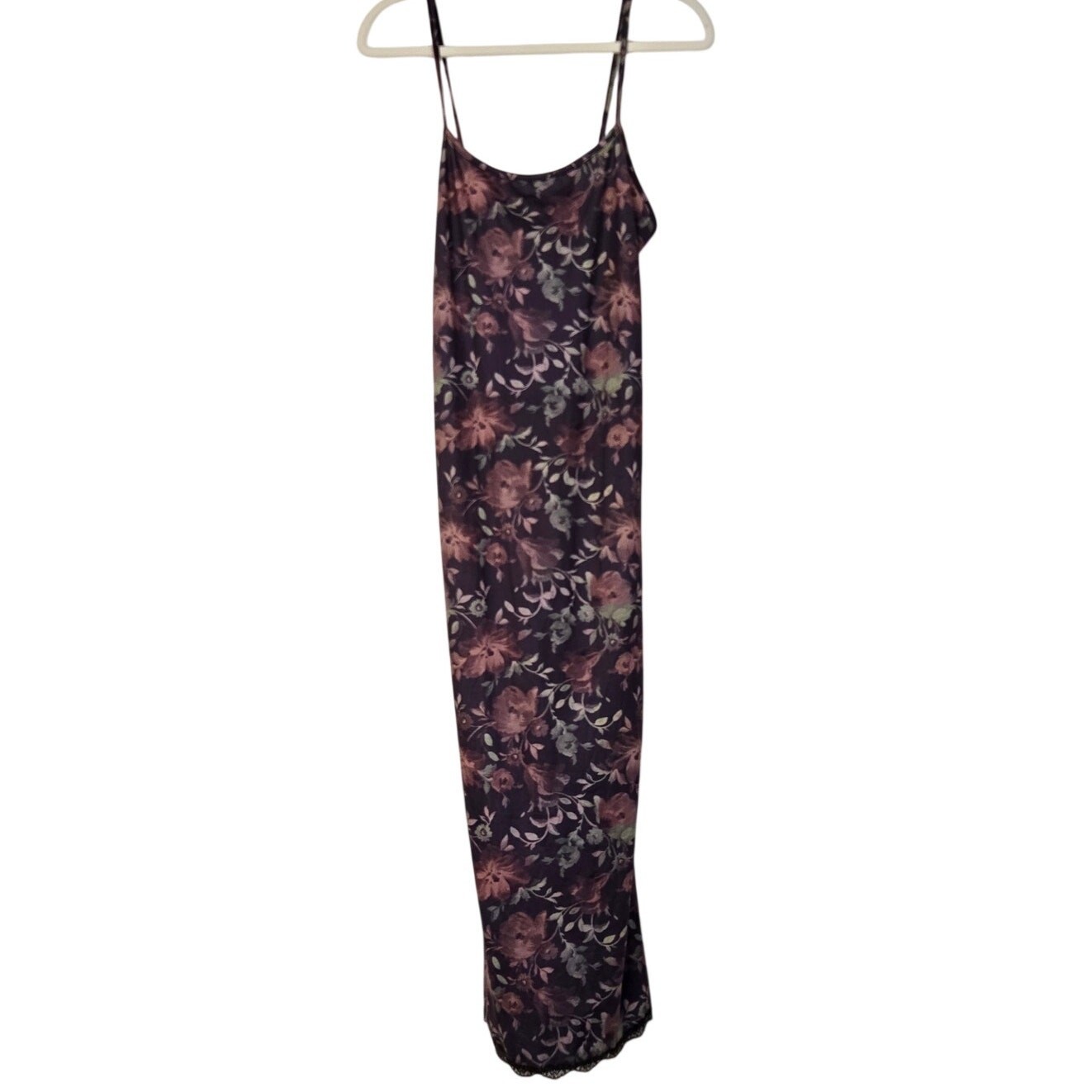 Romantic Edgy Fairy Grunge Mesh Overlay Lace Trim Dark Floral Y2K Slip Dress L