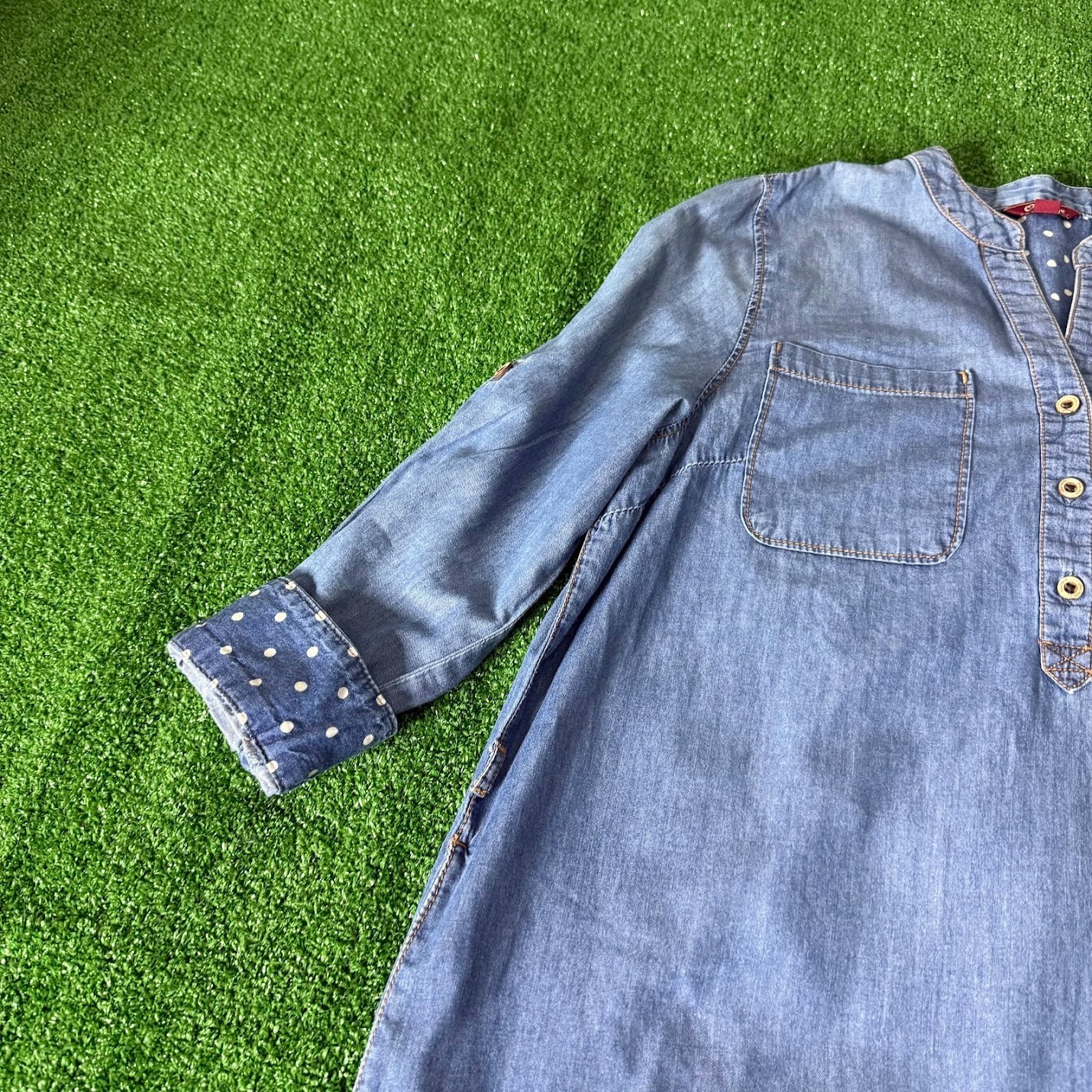 Osborne Chambray Shirt Dress Roll-Tab Sleeve Contrast Cuffs Band Collar Size L