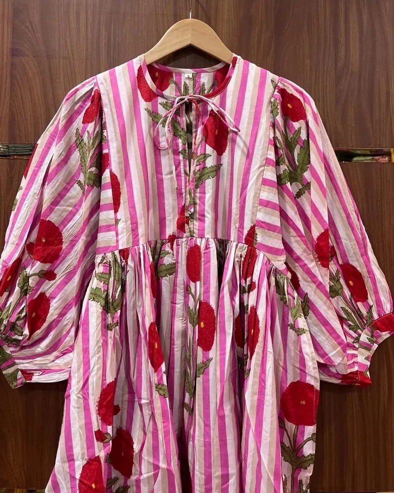 Cotton Pink Striped Printed Maxi Gown Deep Neck Dress Womens Fashion Clothing US