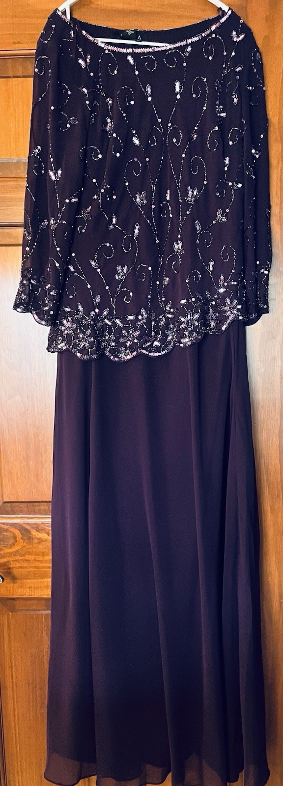 J Kara Womens Beaded Scallop Bodice Asymmetrical Gown Size 12 Plum NWT