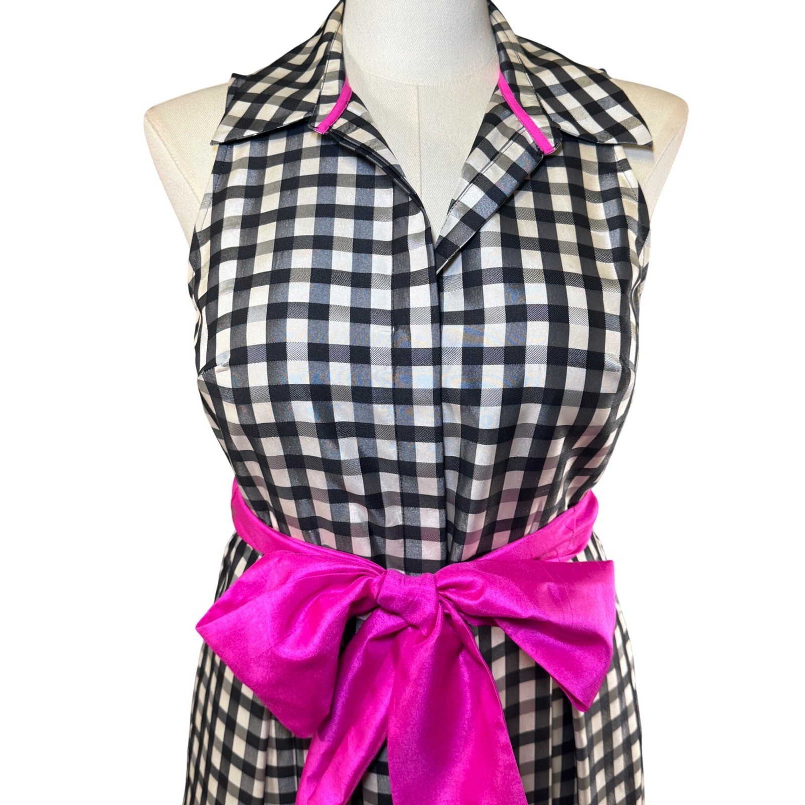 Eliza J Gingham Maxi Dress Black White Check Pink Sash Sleeveless Formal 10