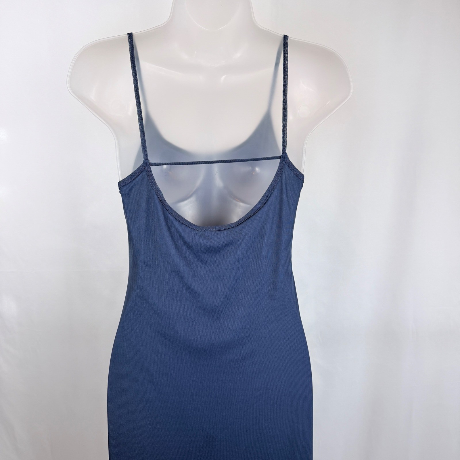 Blue Mesh Spaghetti Strap Low Back MIDI/Maxi Dress Minimalist Slip Gown Medium