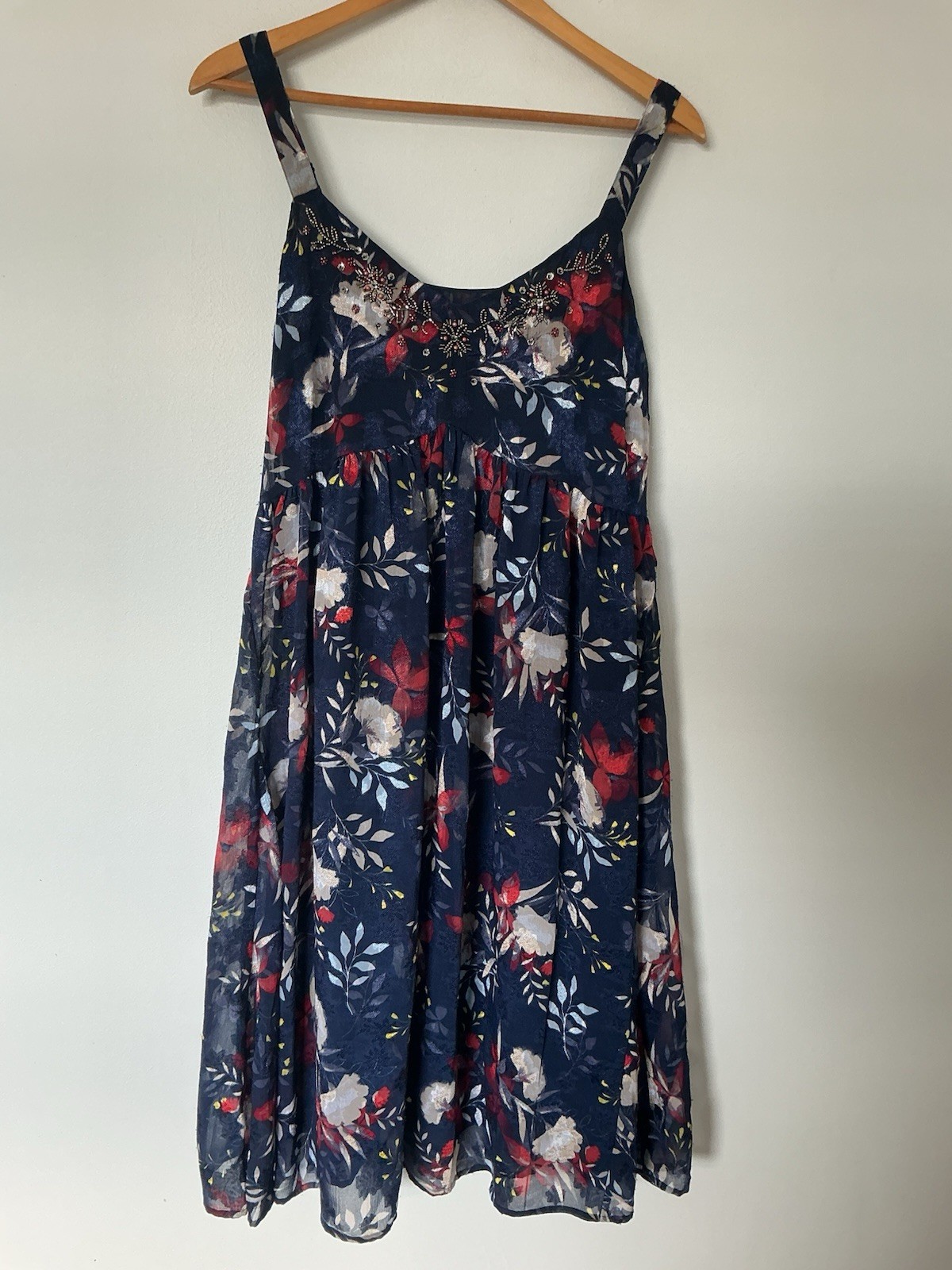 Per Una Strappy Dress Blue Floral Chiffon, Decorative Neckline, Size Medium VGC