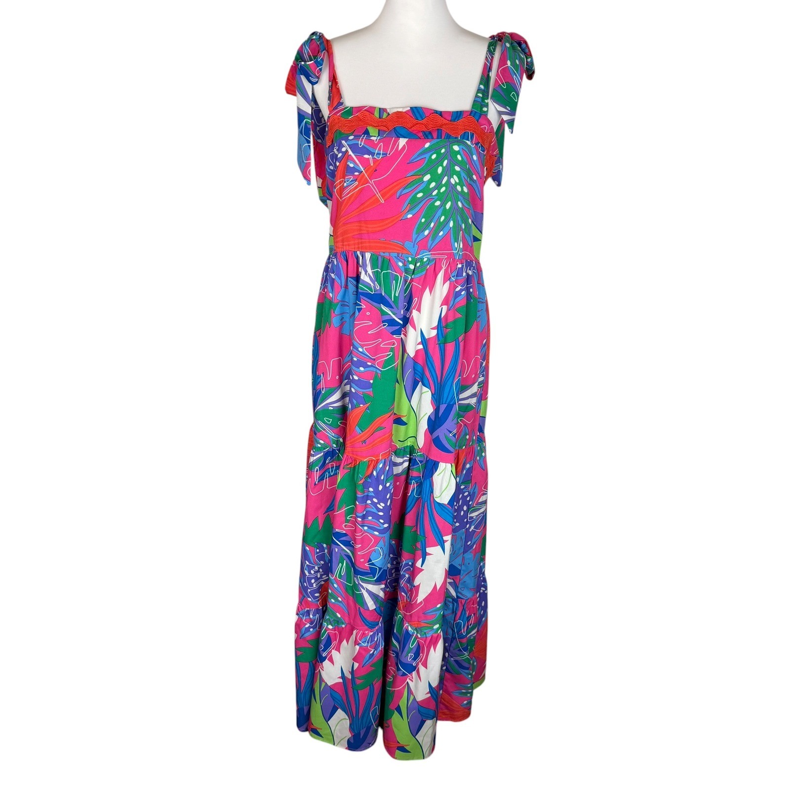 Umgee USA Tropical Floral Maxi Dress Pink Blue Green Ric-Rac Tie Strap Medium