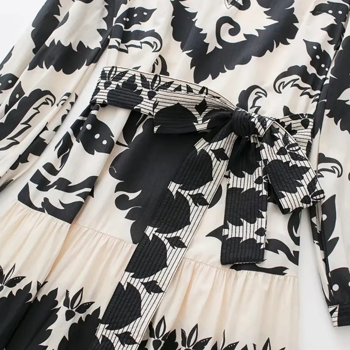ZARA Black Ivory White Floral Maxi Ruffle Dress Puffy Sleeve Boho Art To Wear M