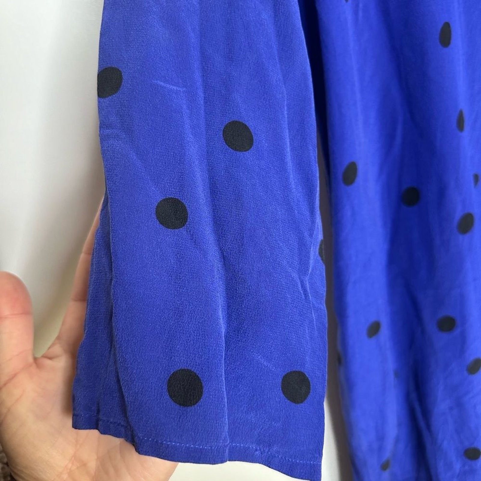 Ali Golden 100% Silk Blue Black Polka Dot 3/4 Sleeve Flowy Dress Size S/M