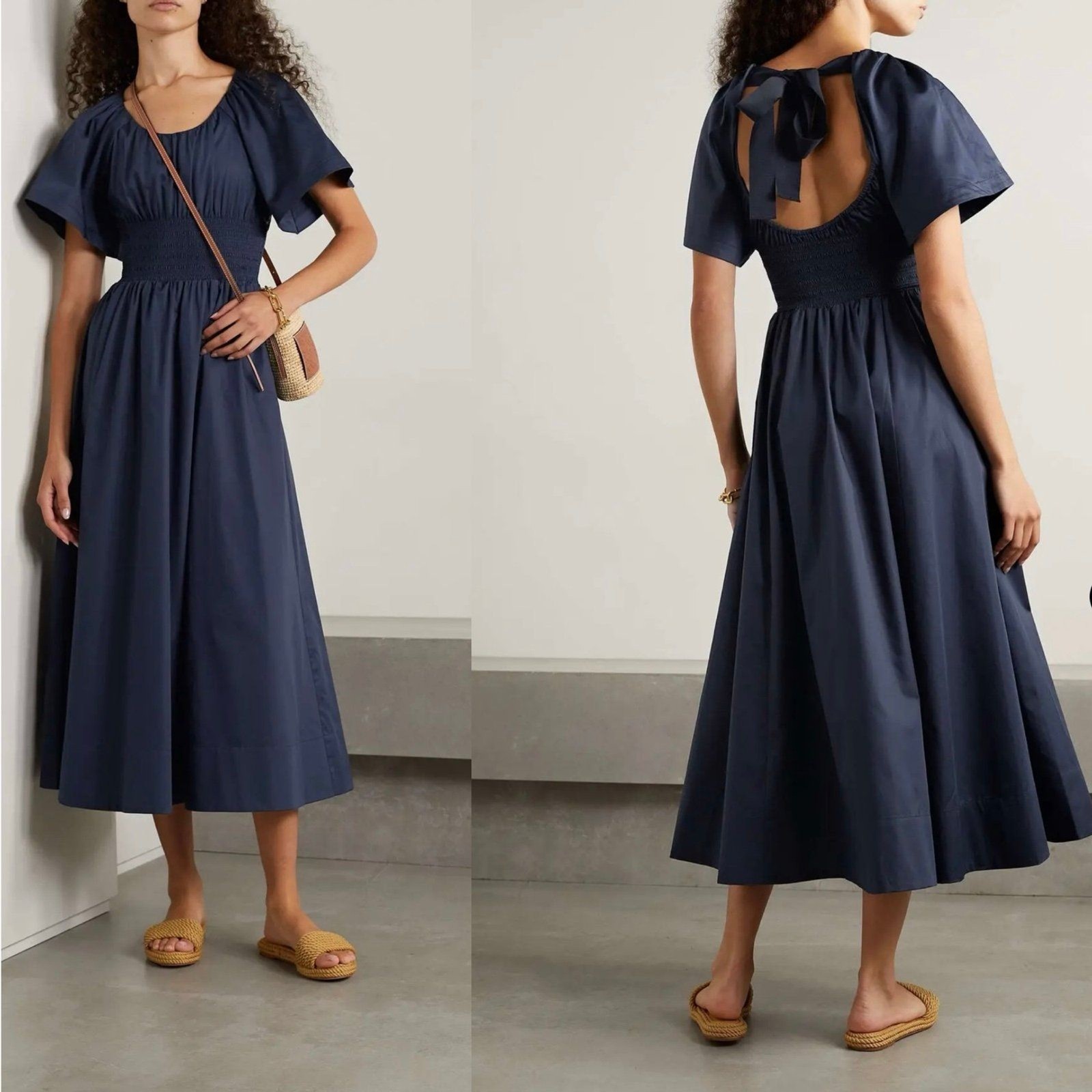 LA LIGNE Open-back Smocked Cotton-sateen Maxi Dress In Navy size medium NWT